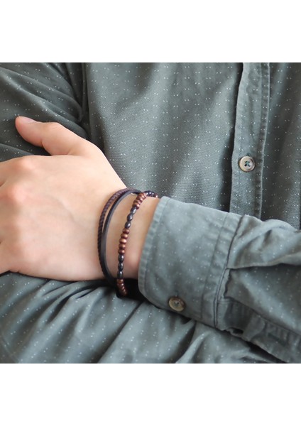 Hasır Tasarım Kuka Işlemeli 3 Sıra Siyah-Kahverengi Çelik-Deri Kombinli Bileklik fırsatları