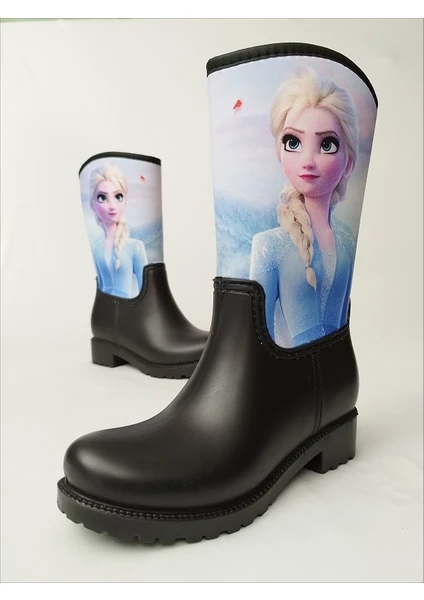 Sea & Blue Shoes Elsa Frozen Baskılı Siyah Su Geçirmeyen Kız Çocuk Yağmur Çizmesi