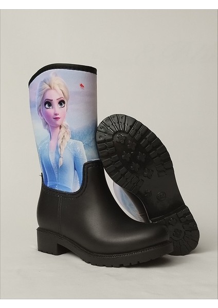 Sea & Blue Shoes Elsa Frozen Baskılı Siyah Su Geçirmeyen Kız Çocuk Yağmur Çizmesi