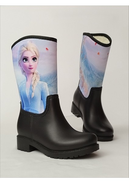 Sea & Blue Shoes Elsa Frozen Baskılı Siyah Su Geçirmeyen Kız Çocuk Yağmur Çizmesi