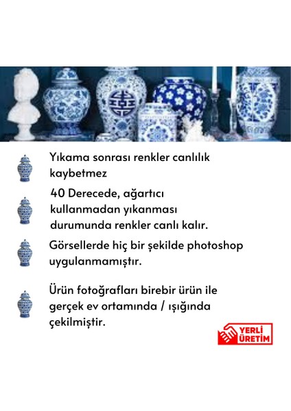 Mackenzie Model Damalı Mavi Çini Desen 2 Adet Mutfak Havlusu Luxury Dekor Kurulama Bezi