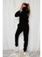 Kadın Siyah Oversize Kapüşonlu Sweatshirt Polarlı Pamuk Basic Eşofman Takım 2