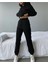 Kadın Siyah Oversize Kapüşonlu Sweatshirt Polarlı Pamuk Basic Eşofman Takım 5