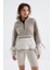 Koyu Bej Etek Ucu Büzgülü Yarım Fermuarlı Oversize Kadın Polar Sweatshirt - 97238 1