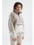 Koyu Bej Etek Ucu Büzgülü Yarım Fermuarlı Oversize Kadın Polar Sweatshirt - 97238 5