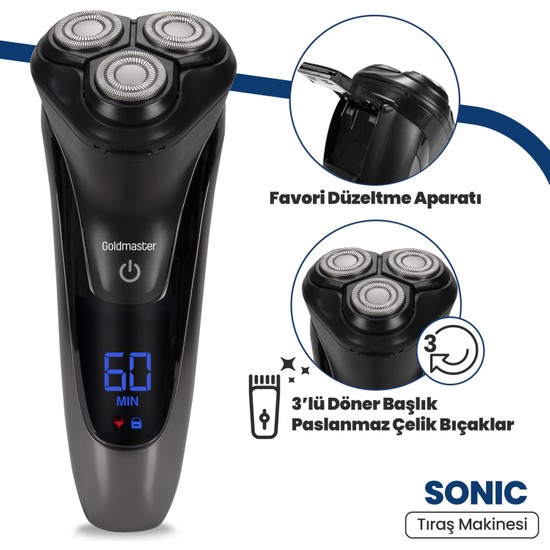 Goldmaster Sonic IPX6 Su Geçirmez Döner Başlıklı Tıraş Makinesi – Islak/Kuru Kullanım, Hızlı Şarj ve LED Ekran, Siyah