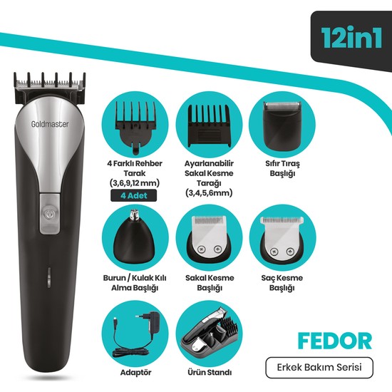 Goldmaster Fedor Kablolu Kablosuz 120 Dakika Kullanım Süreli Li-Ion Bataryalı Standlı 12 In 1 Erkek Bakım Seti GM-9113