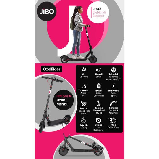 Jıbo JB501B Katlanabilir Elektrikli Scooter 8.5" 350W Siyah Fiyatı