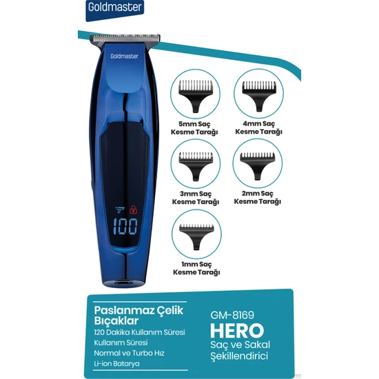 Goldmaster Hero LED Ekranlı Paslanmaz Çelik Başlıklı Saç Sakal Şekillendirme Makinesi GM8169