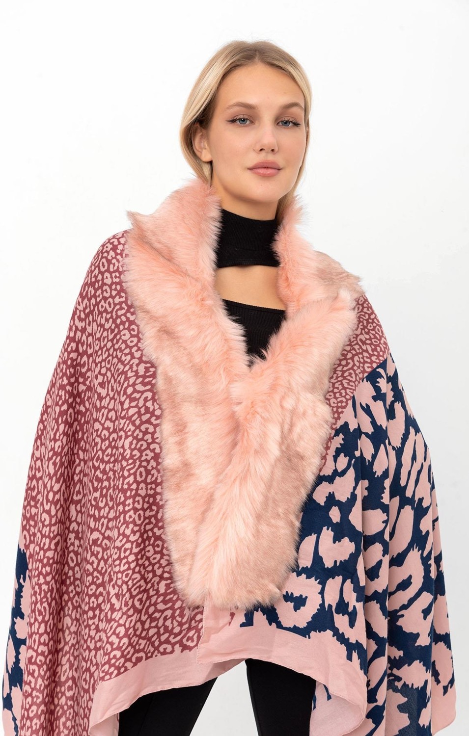 Saria Moda Leopar Desen Kürklü Püsküllü Panço görsel 2