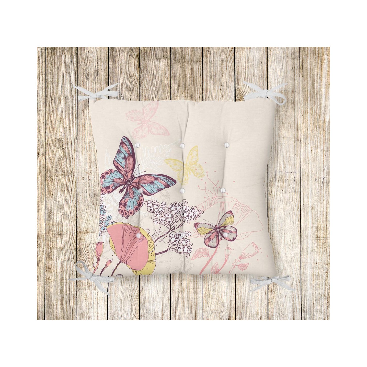 RealHomes Kelebek Resimli Pofidik Kare Sandalye Minderi Fiyatı