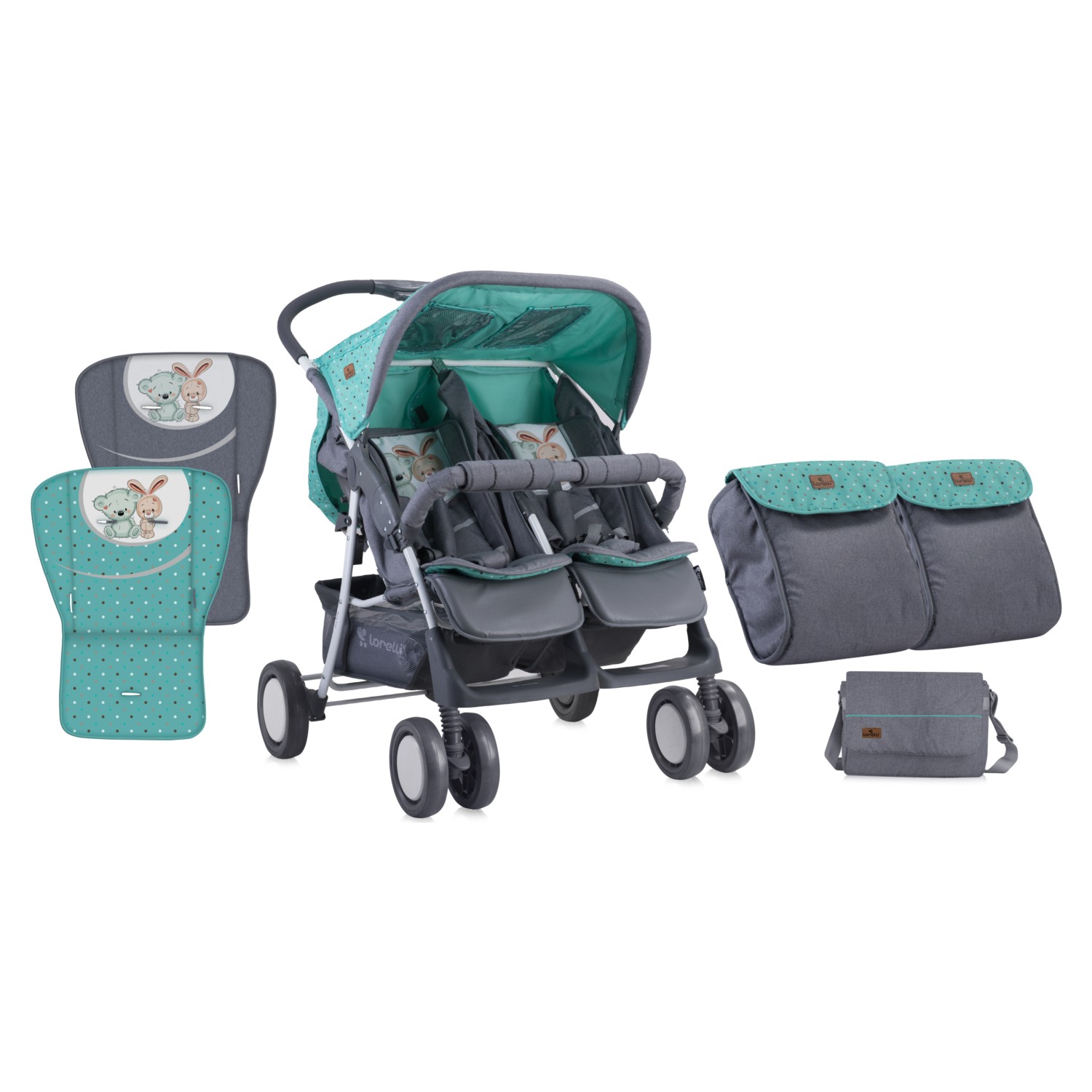 Lorelli Twin İkiz Bebek Arabası Green&amp;Grey Friends Yeşil Fiyatı