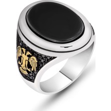 Gumush Gümüş Oniks Ve Zirkon Taşlı Çift Başlı Kartal Armalı Erkek Yüzük