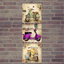 Cakasepetim Ahşap Tablo Üçlü Nostalji Motorsikletler Baskılı 14X14 Cm 3 Parça