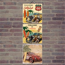 Cakasepetim Ahşap Tablo Nostalji Otomobiller Tatilde Baskılı 14X14 Cm 3 Parça