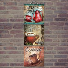 Cakasepetim Ahşap Tablo Kahve Saati Baskılı 14X14 Cm 3 Parça