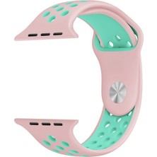 Case 4U Apple Watch Seri 7/6/SE/5/4 Delikli Spor Kayış Pembe/Yeşil - 45mm 44mm 42mm Uyumlu