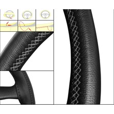 Oto Dikme Deri Direksiyon Kılıfı Siyah Kırmızı İp Direksiyon Çapı 37 ile 39 cm arası uyumlu