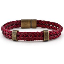 Solfera Çift Sıralı Bordo Örgü Deri Erkek Bileklik Bx272