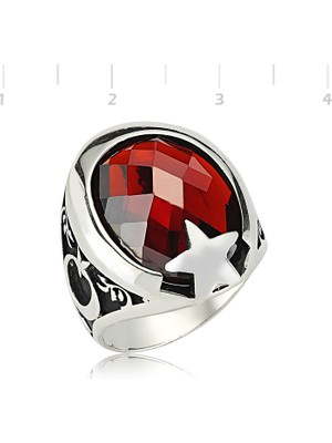 Gumush Kırmızı Taşlı Ay Yıldız Gümüş Yüzük