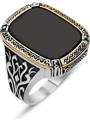 Gumush Oniks Taşlı Desenli Gümüş Erkek Yüzük