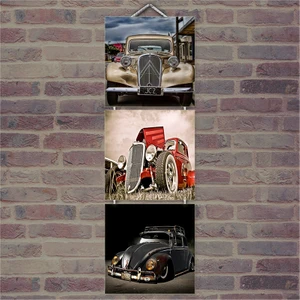 Ahşap Tablo Kılasik Otomobil Resimleri Baskılı 14X14 Cm 3 Parça