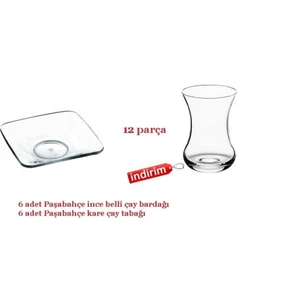 12 Prç.İnce Belli Çay Bardağı + Kare Çay Tabağı Seti