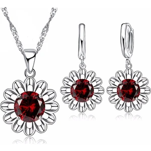 Seti Kırmızı Kristal Taşlı Ayçiçeği Gümüş Kaplama Maxi Choker Kolye Küpe Seti