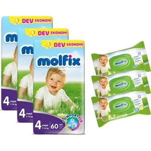 Bebek Bezi Comfort Fix Maxi Dev Ekonomi 180'li 4 Beden + Molfix Bebe Losyonlu 3'lü Islak Havlu