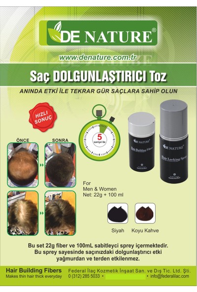 De Nature Saç Dolgunlaştırıcı - Seyreklik Kapatıcı - Saç Gürleştirici 22 gr Toz + 100 ml Sabitleyici Sprey - Koyu Kahverengi