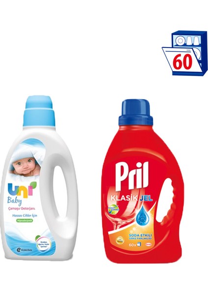 Uni Baby Bebek Deterjanı-Pril Jel Soda Etkili Sirke Parlaklığı 1500Ml