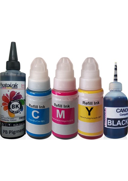 5 Kartuşlu Canon Yazıcılar İçin Uyumlu 5 Adet 100 Ml Mürekkep Seti