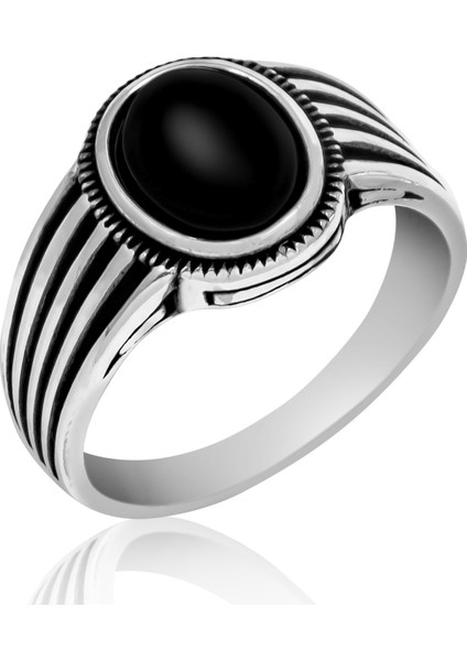 Gümüş Oniks Taşlı Çizgili Erkek Yüzük