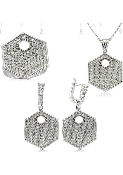 Gümüş Zirkon Taşlı Altıgen Set