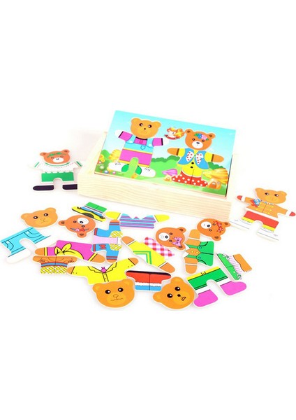 Sevimli Ayı Ailesi Eğitici Ahşap Yapboz Puzzle Montessori Oyuncak 2 Ayı
