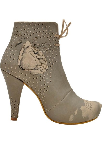 Kadın Vegan Deri Gri Topuklu Bootie - Look Gorgeous Tasarım