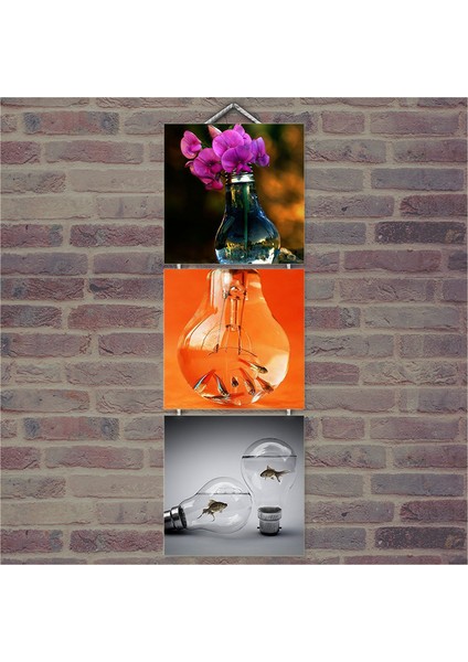 Ahşap Tablo Ampül İçinde Hayvanlar Baskılı 14X14 Cm 3 Parça