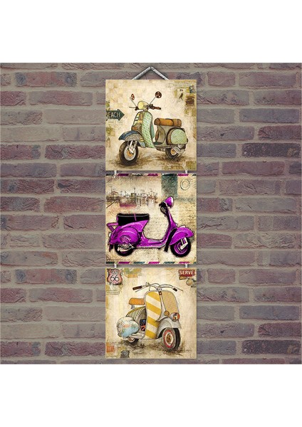 Ahşap Tablo Üçlü Nostalji Motorsikletler Baskılı 14X14 Cm 3 Parça
