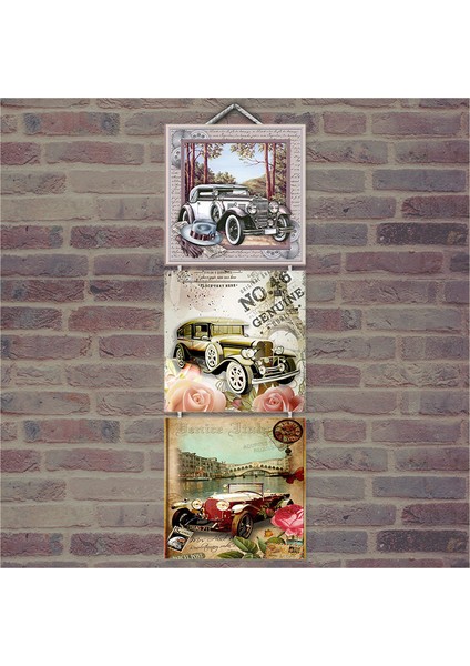 Ahşap Tablo Doğadan Gelen Klasik Otomobiller Baskılı 14X14 Cm