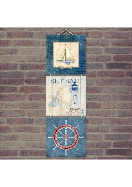 Ahşap Tablo Gemi Fener Dümen Baskılı 14X14 Cm 3 Parça
