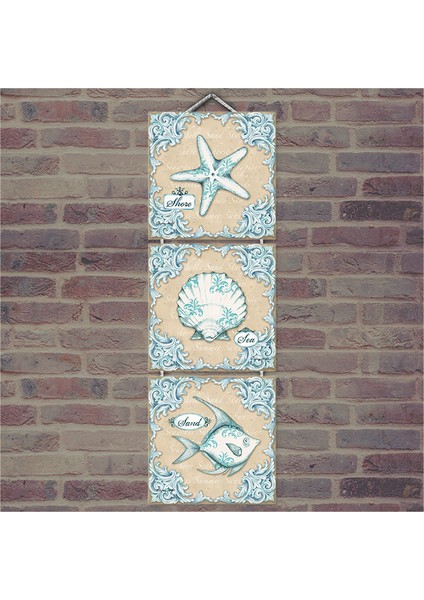 Ahşap Tablo Süslemeli Balık Deniz Yıldız Kabuk Baskılı 14X14 Cm