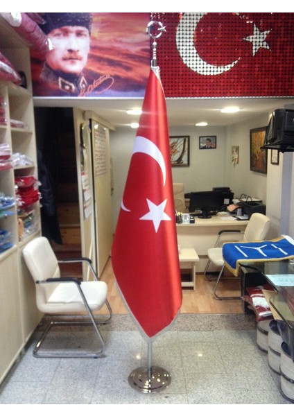 Ekin Bayrak Makam Türk Bayrağı (Gümüş Simli) + Krom Makam Direği (Takım)