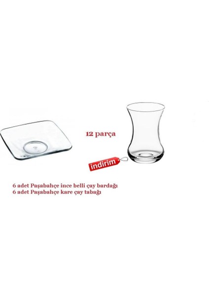 12 Prç.İnce Belli Çay Bardağı + Kare Çay Tabağı Seti