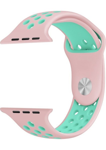 Case 4U Apple Watch Seri 7/6/SE/5/4 Delikli Spor Kayış Pembe/Yeşil - 45mm 44mm 42mm Uyumlu