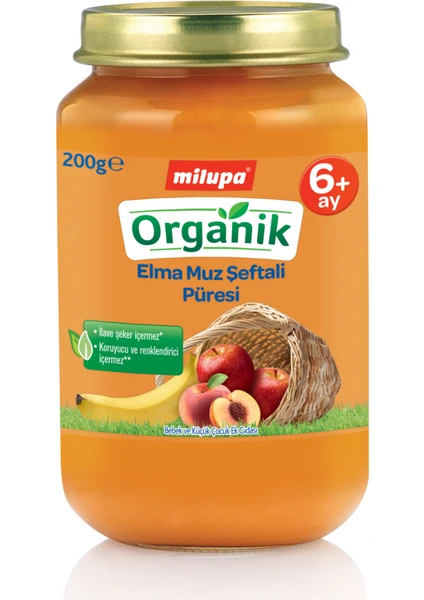 Organik Elma Muz Şeftali Püresi Kavanoz 200 g 6+ Ay