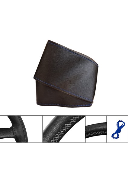 Oto Dikme Deri Direksiyon Kılıfı Siyah Mavi İp Direksiyon Çapı 37 ile 39 cm arası uyumlu fiyatları