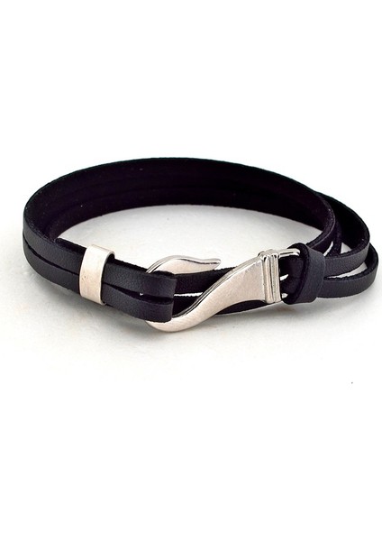 Orj. Siyah Deri Metal Kanca Erkek Bileklik Bx331