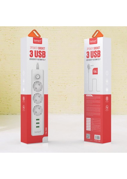 3Usb Çıkışlı Akım Koruyuculu Priz + Şarj Kablosu