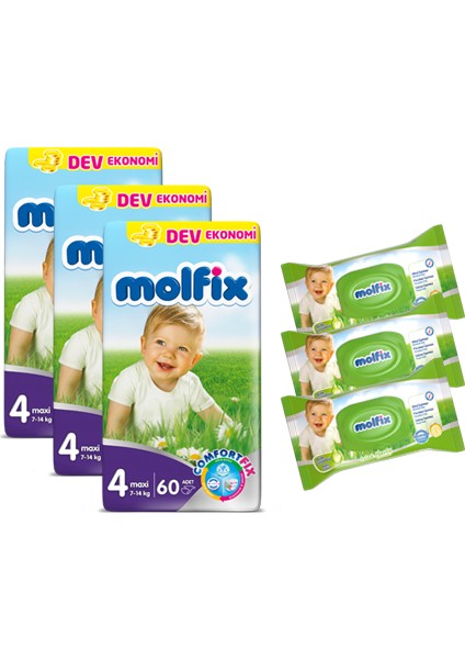 Bebek Bezi Comfort Fix Maxi Dev Ekonomi 180'li 4 Beden + Molfix Bebe Losyonlu 3'lü Islak Havlu