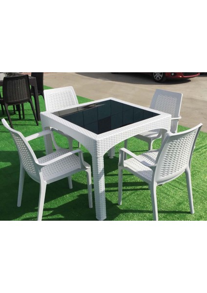 Rattan Camlı Kare Masa Takımı 90X90 Cm + 4 Adet Rattan Koltuk